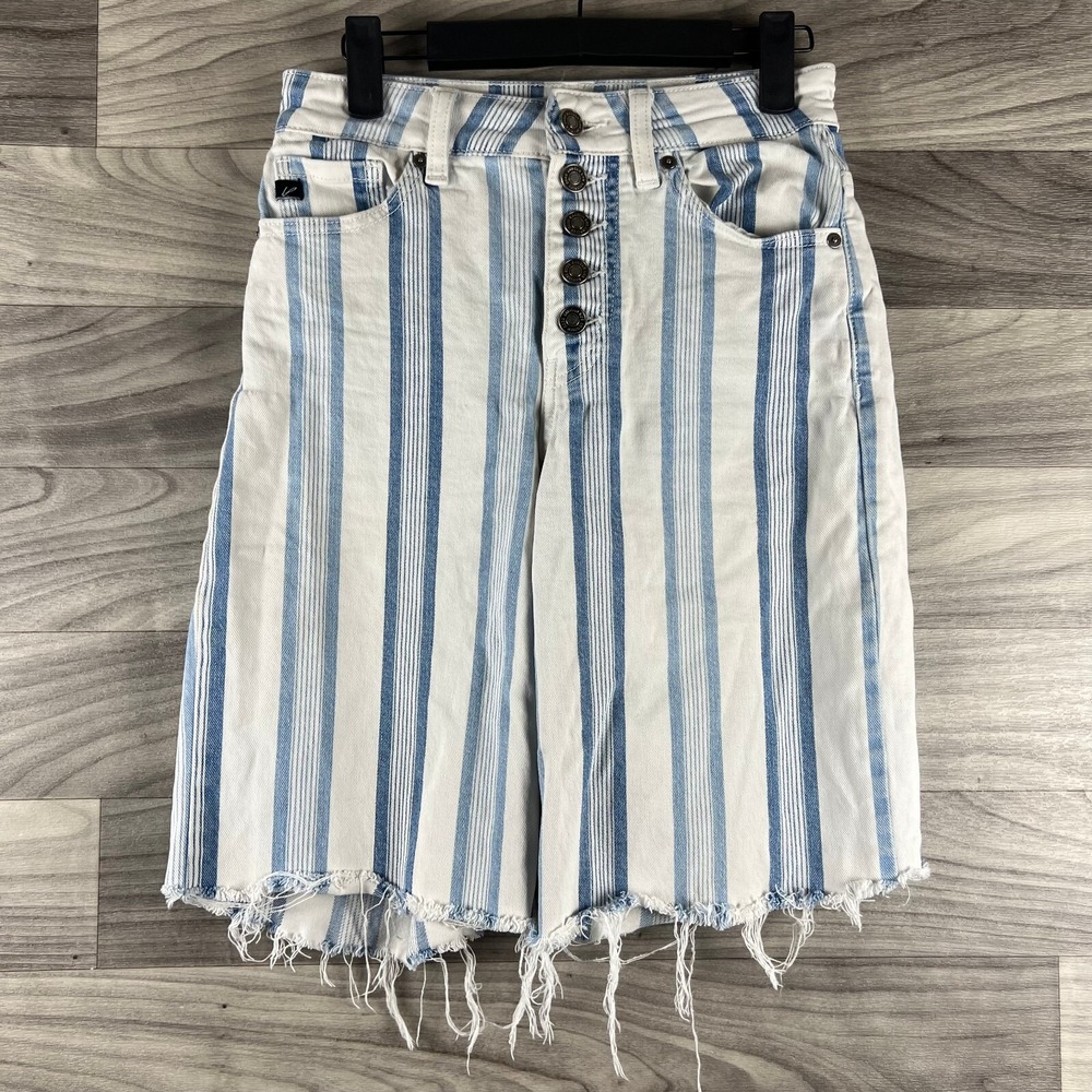 Kancan Cut Off Shorts Womens 1/24 Blue White Stripe Frayed Button Stretch Denim‎